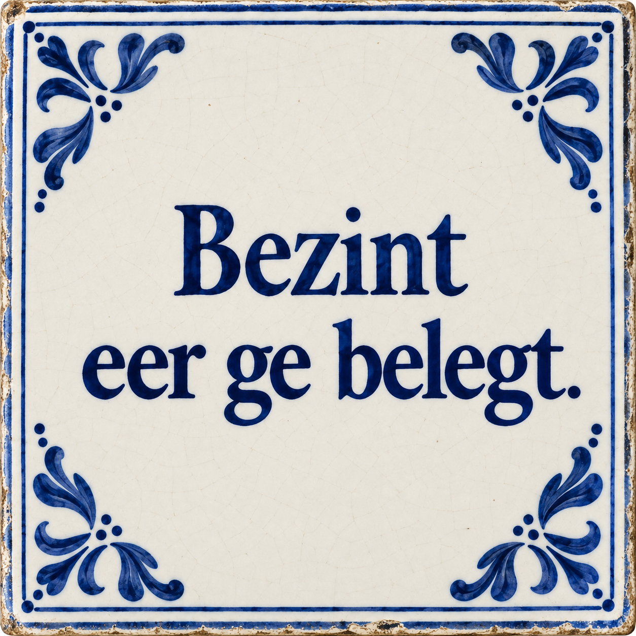 Delfts blauwe tegel met de spreuk: Bezint eer ge belegt.